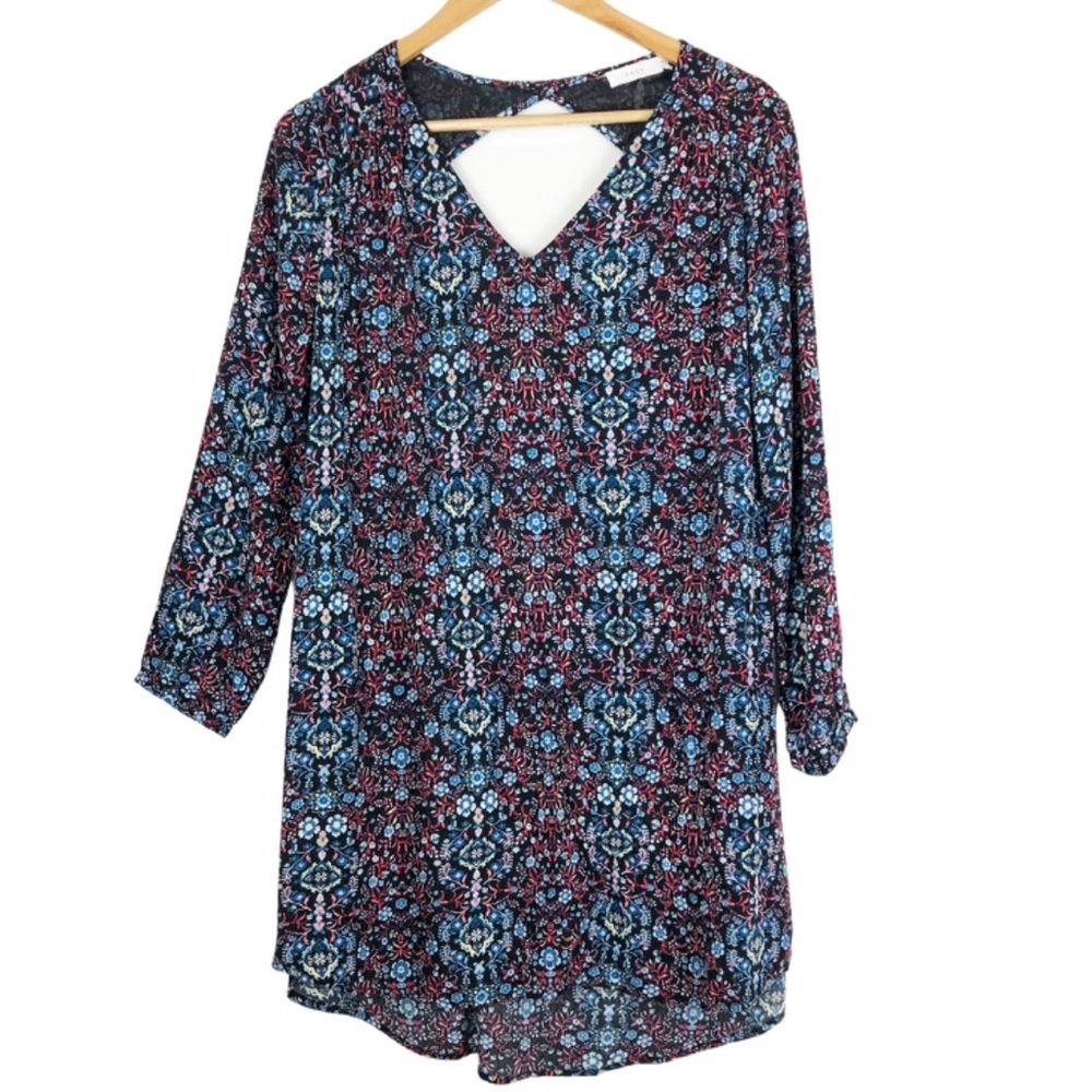Lush Black Floral Print V Neck Cutout‎ Back Long Sleeve Shift Dress Boho Womens